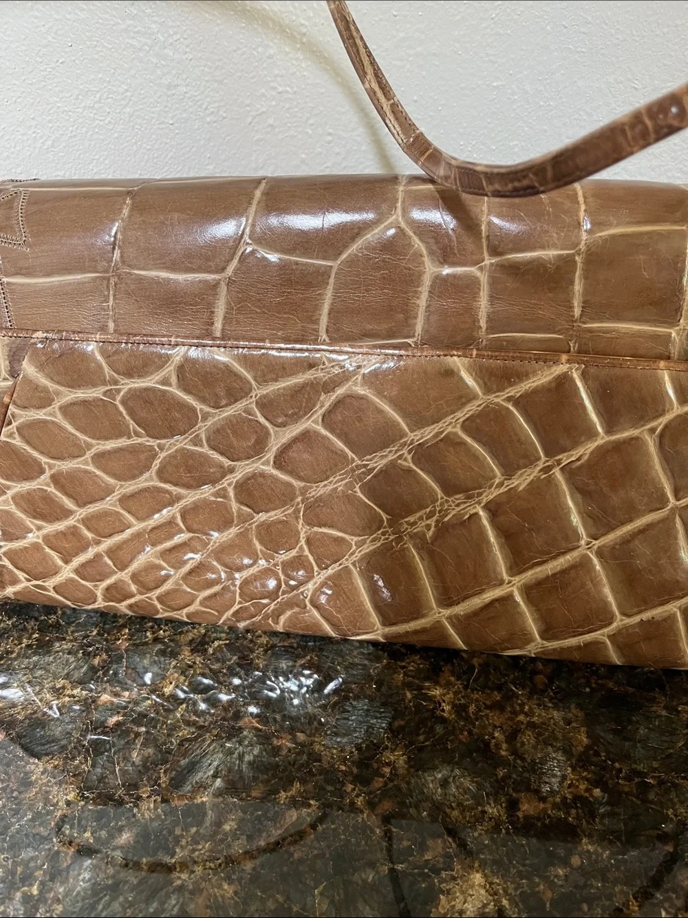 Sharif Croc-Embossed Tan Foldover shoulder bag clutch with Gold Accent